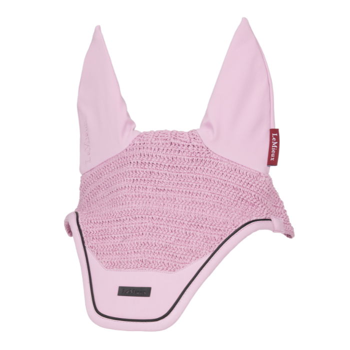 Pink horse ear bonnet with mesh design on a white background