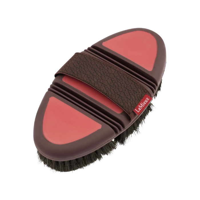 Brown and red horse brush with black bristles on a white background