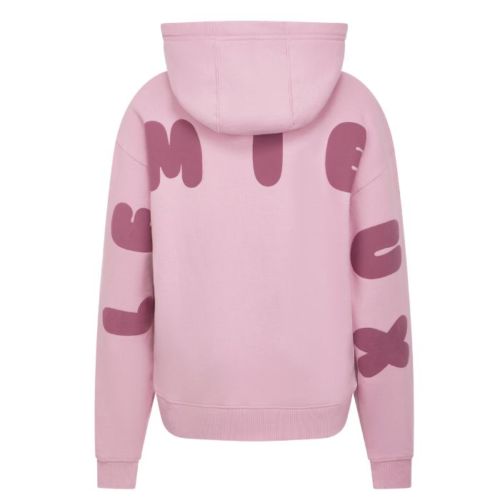 Pink hoodie with abstract LeMieux logo design on the back and sleeves against a white background