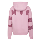 Pink hoodie with abstract LeMieux logo design on the back and sleeves against a white background