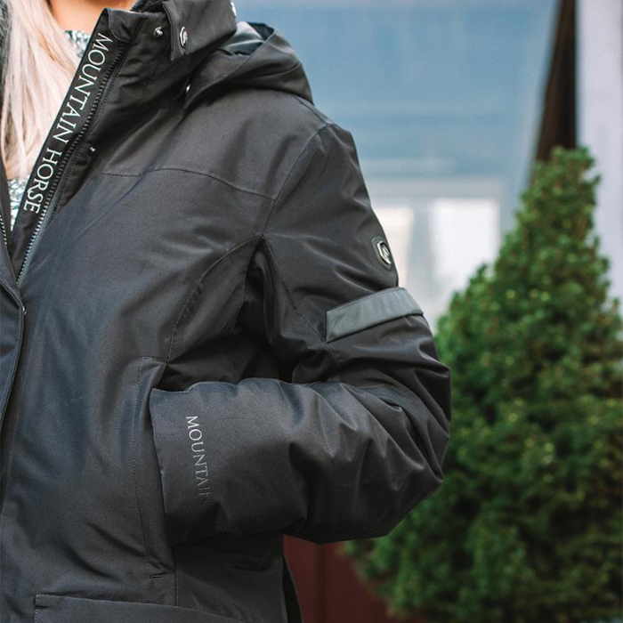 Close-up of a black coat with a tree in the background