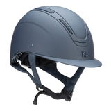 Navy riding helmet with black straps on a white background