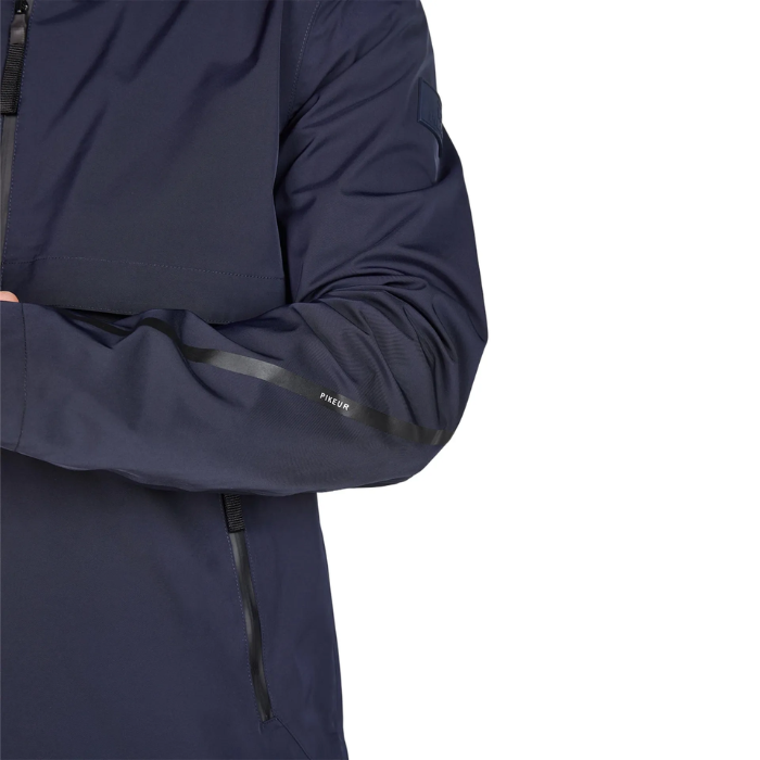 Navy blue jacket with black accents on a white background
