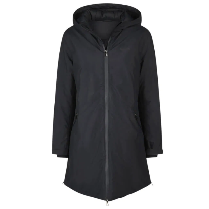 Navy hooded parka coat on a white background