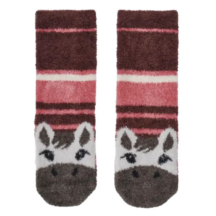 Pair of socks with horse face design and striped pattern on a white background