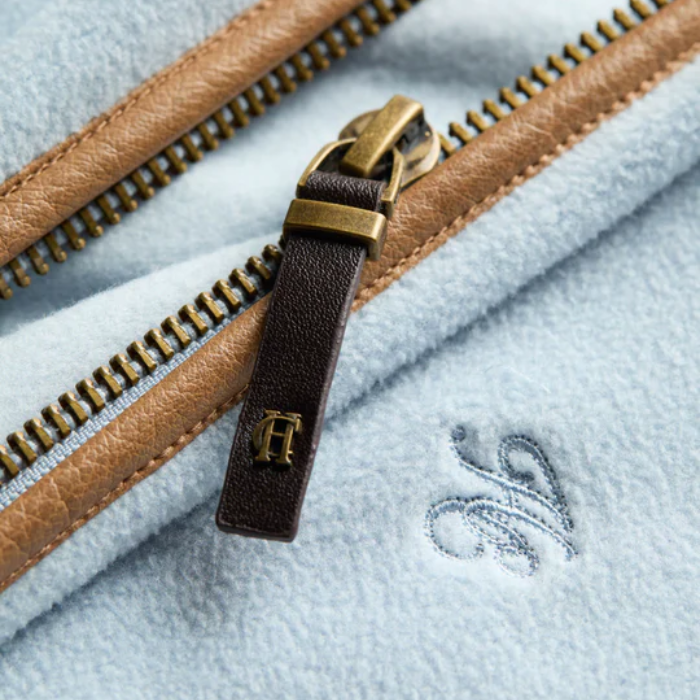 Close-up of a zipper on light blue fleece material