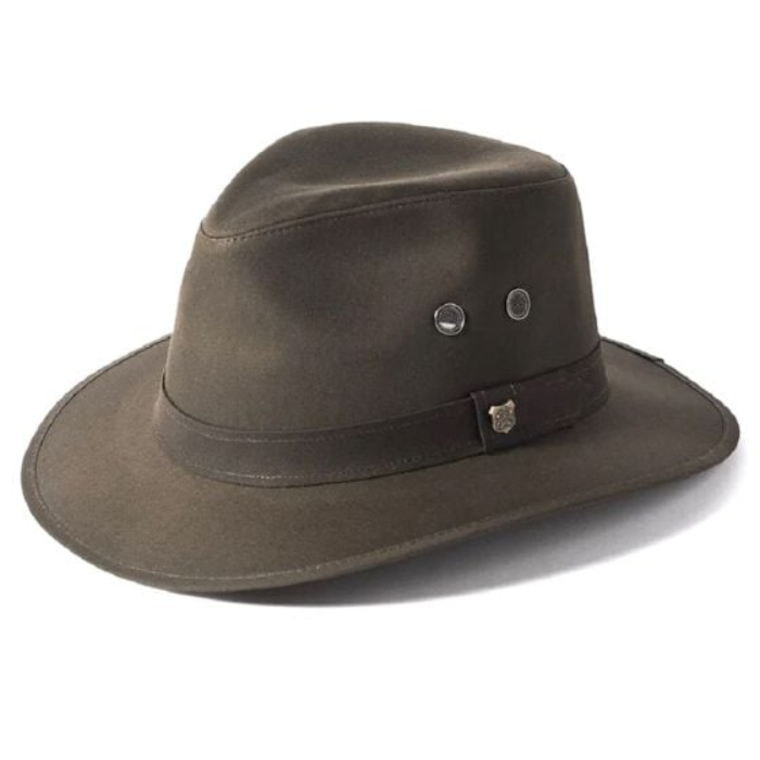 Olive green leather hat with a belt and decorative buttons on a white background