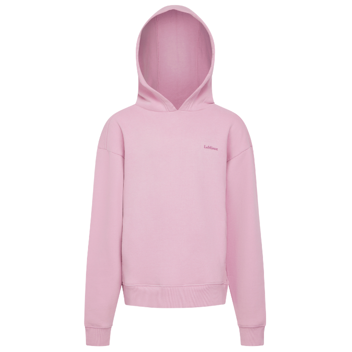 Pink hoodie with a brand logo on a white background