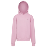 Pink hoodie with a brand logo on a white background