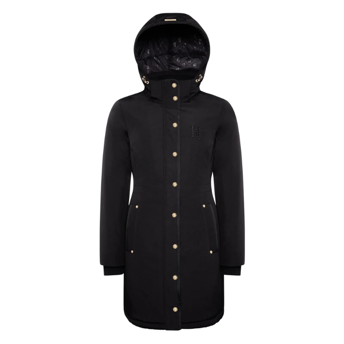 Black coat with gold buttons on a white background
