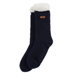 Dark blue sock with white fur lining on a white background
