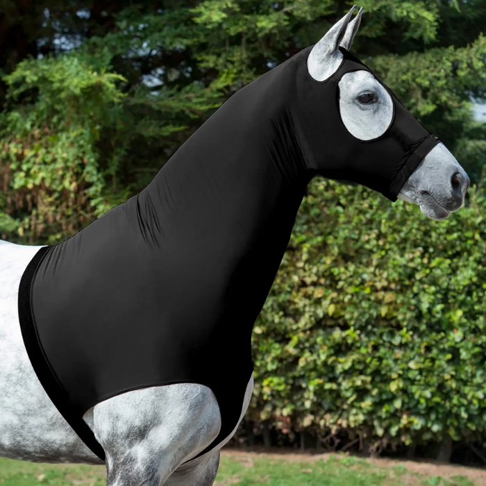 Horse wearing a hood with a green foliage background