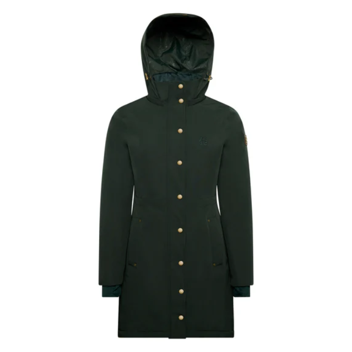 Dark green hooded rain coat on a white background