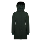 Dark green hooded rain coat on a white background