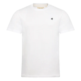 White t-shirt with a small logo on a white background