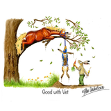 Cartoon of a horse stuck in a tree with a rabbit and another animal, with text 'Good with Vet'.