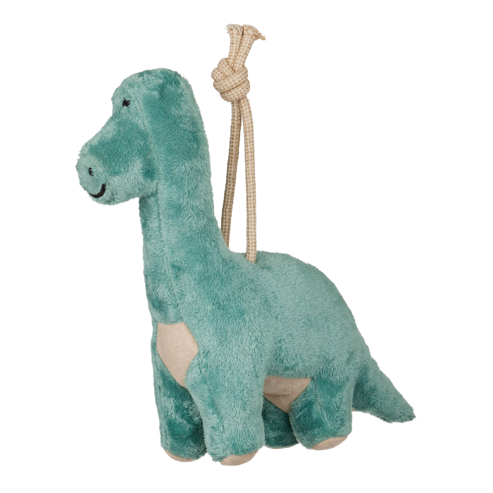 Plush dinosaur toy with a rope on a white background