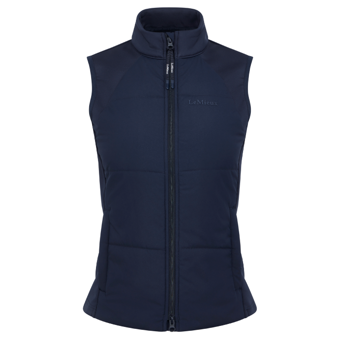 Navy blue puffer gilet with a brand logo on a white background