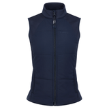 Navy blue puffer gilet with a brand logo on a white background