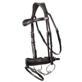 Black horse bridle with silver hardware on a white background