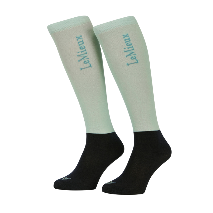 Pale blue and black long socks with LeMieux branding on a white background