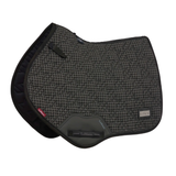 Grey houndstooth patterned saddle pad with black accents on a white background