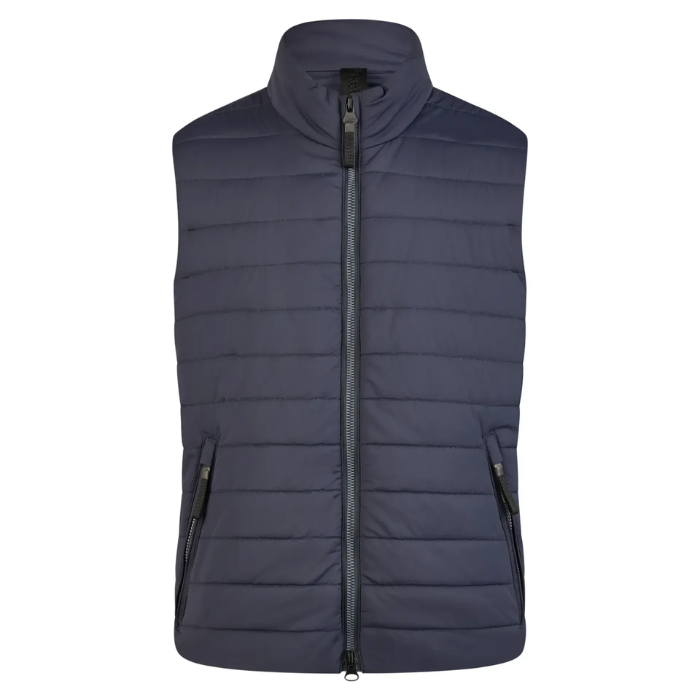 Navy blue puffer gilet on a white background