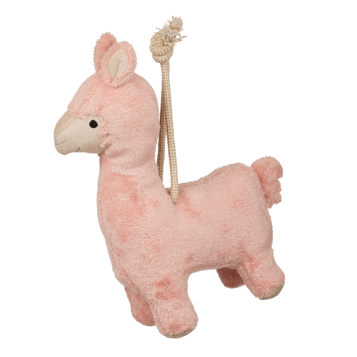 Pink plush llama toy with a rope on a white background