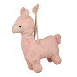 Pink plush llama toy with a rope on a white background