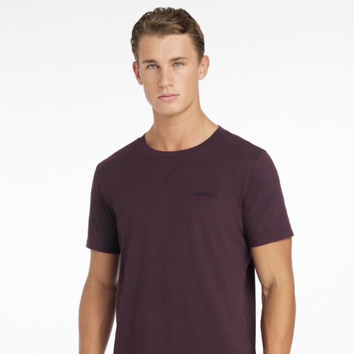Man wears a purple t-shirt with LeMieux logo on a white background