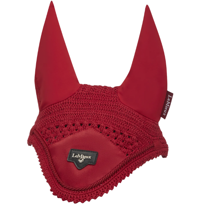 Deep red ear bonnet for a horse on a white background
