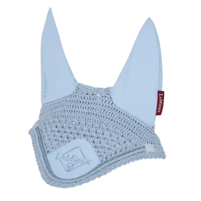 Light blue horse ear bonnet with mesh design on a white background