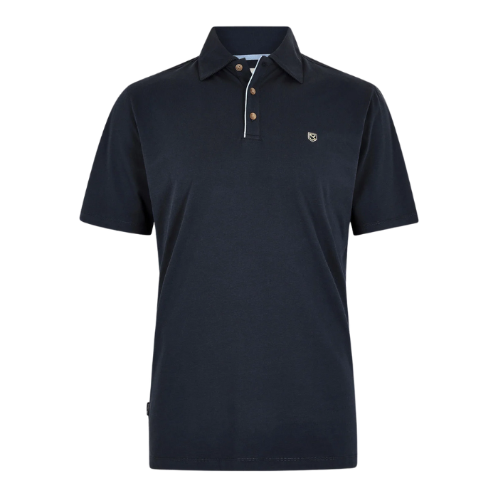 Navy blue polo shirt with a small logo on a white background