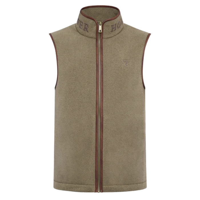 Men's khaki fleece gilet on a white background