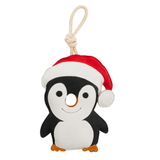 Plush penguin toy wearing a Santa hat on a white background
