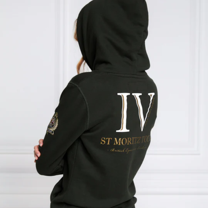 Dark green hoodie with gold text and logo on a white background