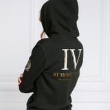Dark green hoodie with gold text and logo on a white background