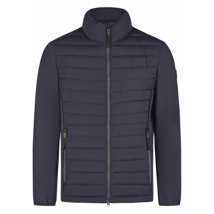 Navy blue puffer jacket on a white background