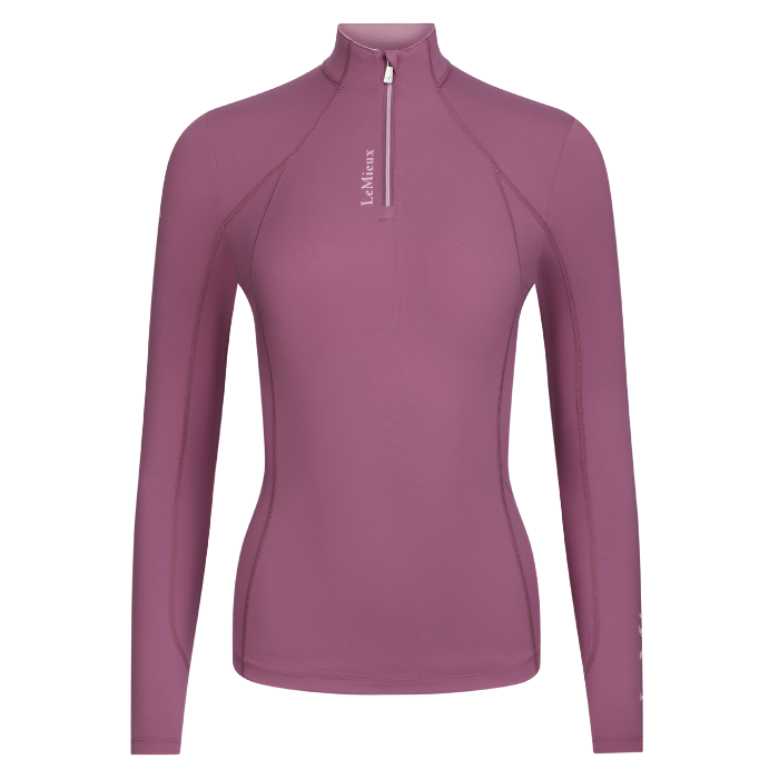 Purple long-sleeve athletic top with a quarter zip on a white background