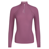 Purple long-sleeve athletic top with a quarter zip on a white background