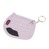 Pink keychain saddle pad with a black accent on a white background