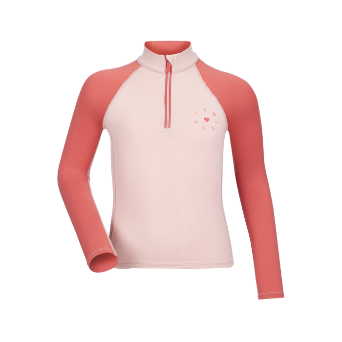 LeMieux AW26 Mini Base Layer Varient Petal. A long-sleeve quarter-zip in light pink and coral, featuring a small heart graphic on the left chest, displayed on a clean white background.
