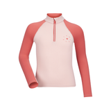 LeMieux AW26 Mini Base Layer Varient Petal. A long-sleeve quarter-zip in light pink and coral, featuring a small heart graphic on the left chest, displayed on a clean white background.