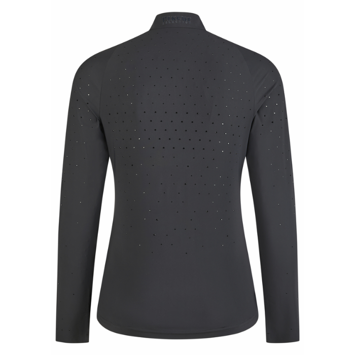 Black shirt with sparkle stones applies across the back on a white background