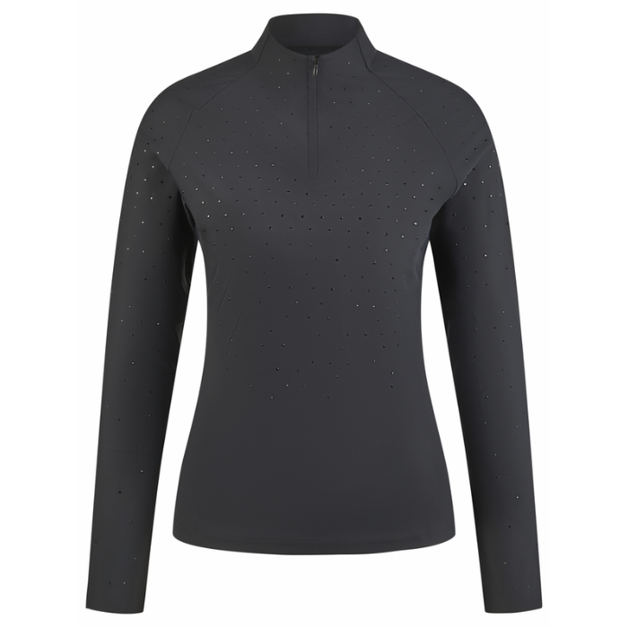 Black shirt with sparkle stones applies across the front on a white background