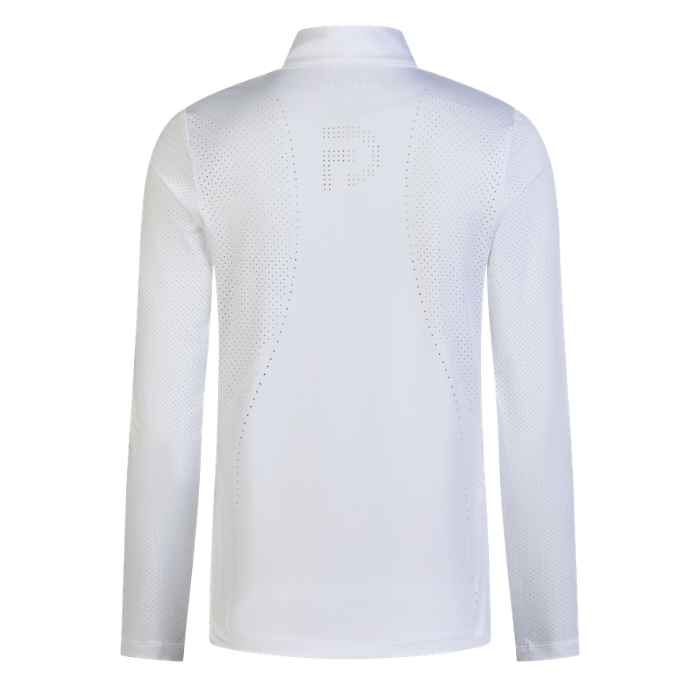 Long sleeved white show shirt on a plain background