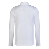 Long sleeved white show shirt on a plain background
