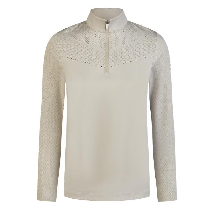 Light grey equestrian show shirt with long sleeves on a white background