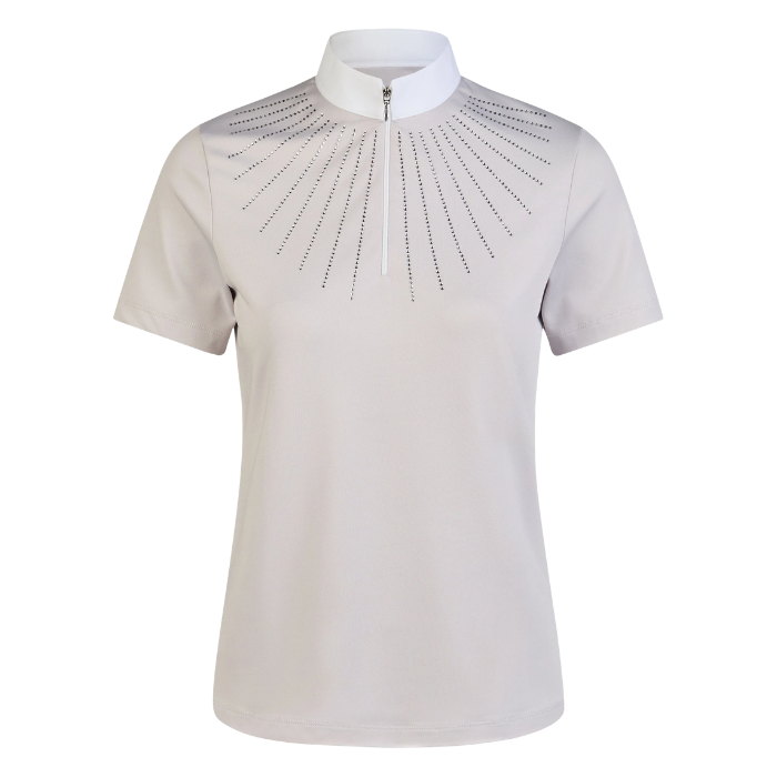 Beige short-sleeve shirt with decorative neckline on a white background