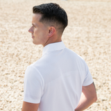 Male model in white shirt on faded back ground